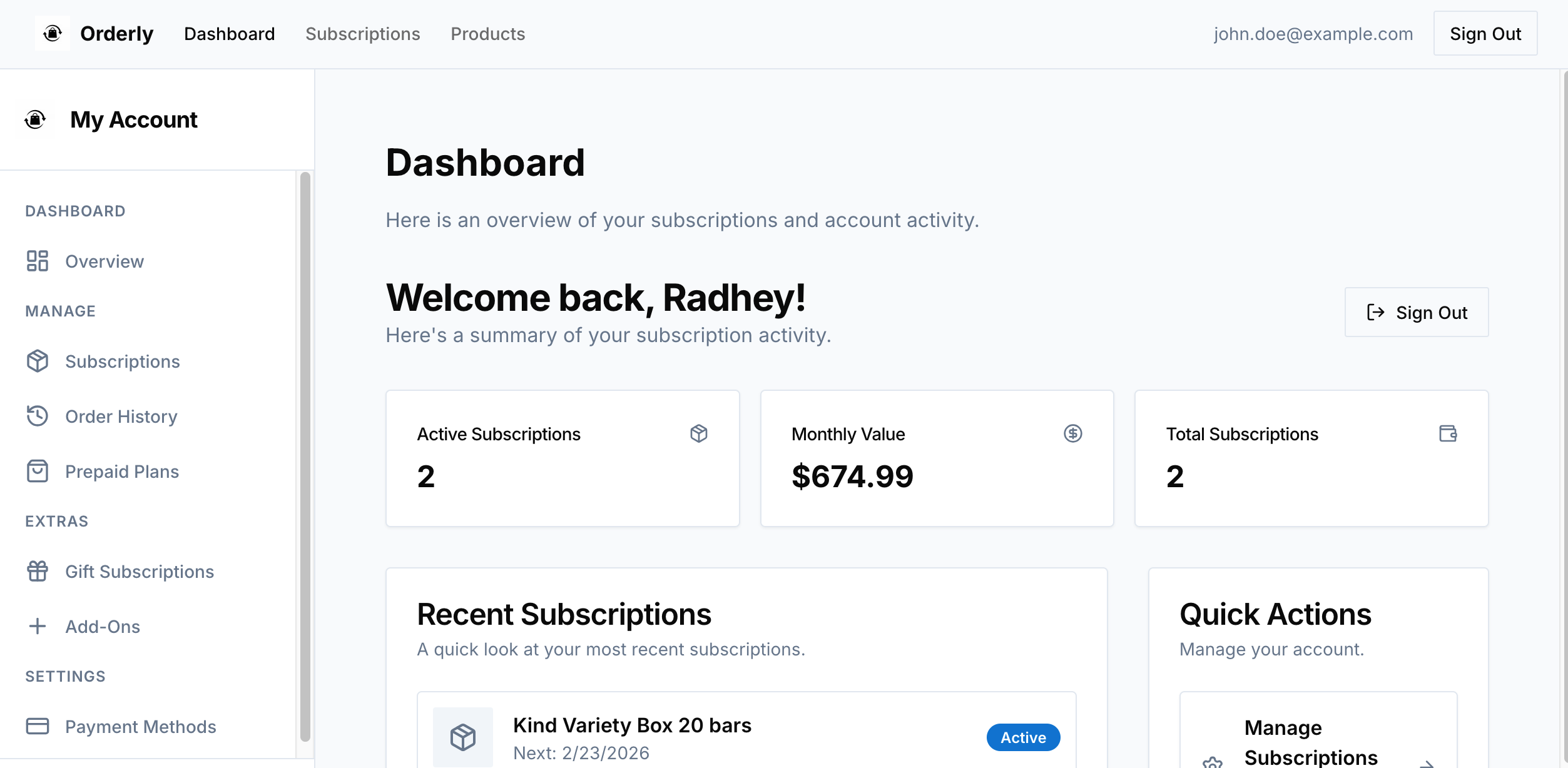 Orderly customer dashboard with subscriptions and account activity
