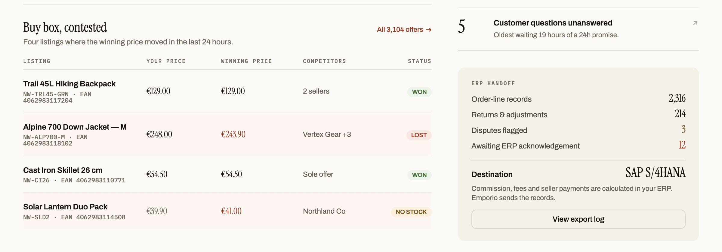 emporio — buy box and ERP handoff